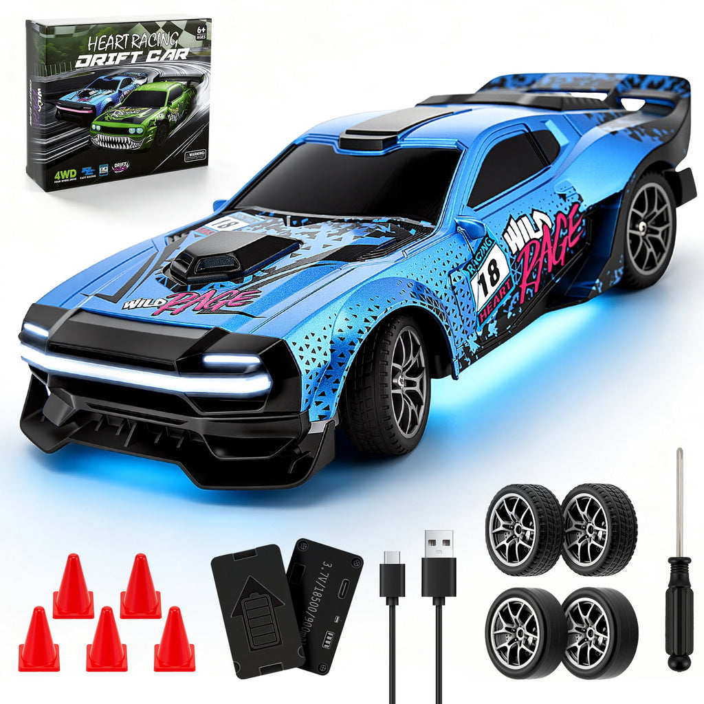 1:24 Scale RC Drift Car 4WD 2.4GHz 30KM/H High Speed Racing Sport Toy Car with LED Lights, Racing and Drift Wheels,Two Batteries