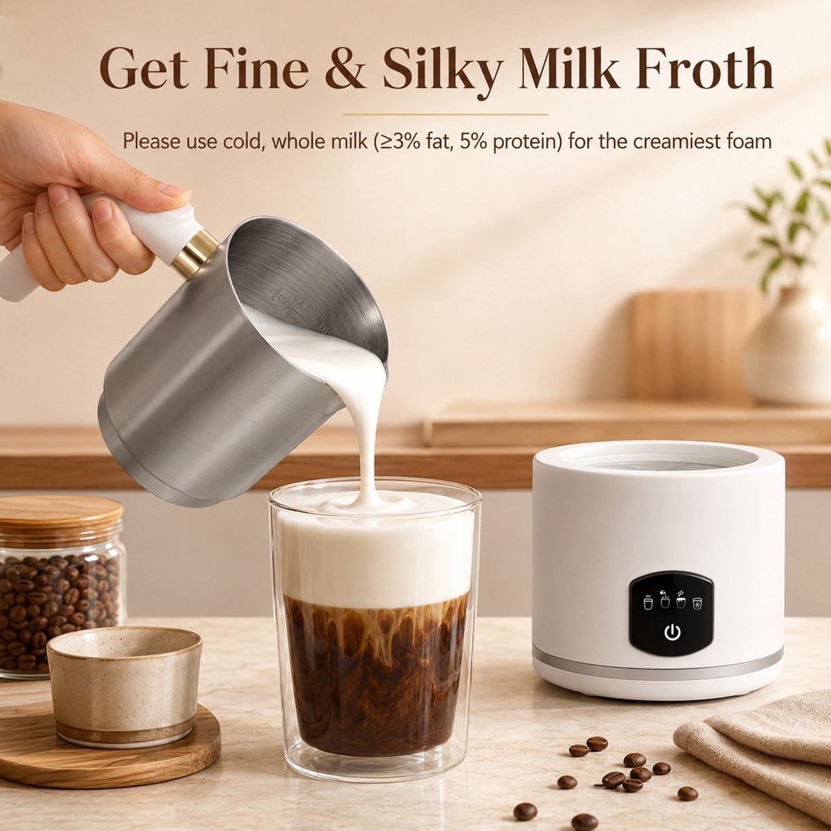 Milk Frother, 4 in 1 Milk Frother and Steamer, Dishwasher Safe, Glass Frother 16.9oz Warm and Cold Foam Maker, Electric Milk Frother for Coffee, Latte, Hot Chocolate (Silver)