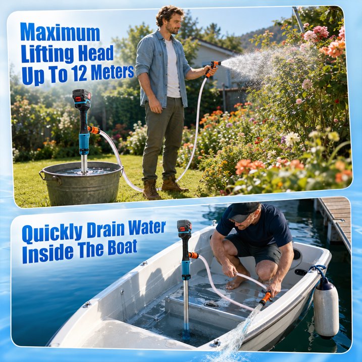 Cordless Stick Water Pump, 2.2" Slim Head, Water & Diesel Transfer 720GPH & 16FT Lift, 2×4.0Ah Lithium Batteries, 30-Min Runtime Per Battery, for Pool Garden Pond Boat Basement RV