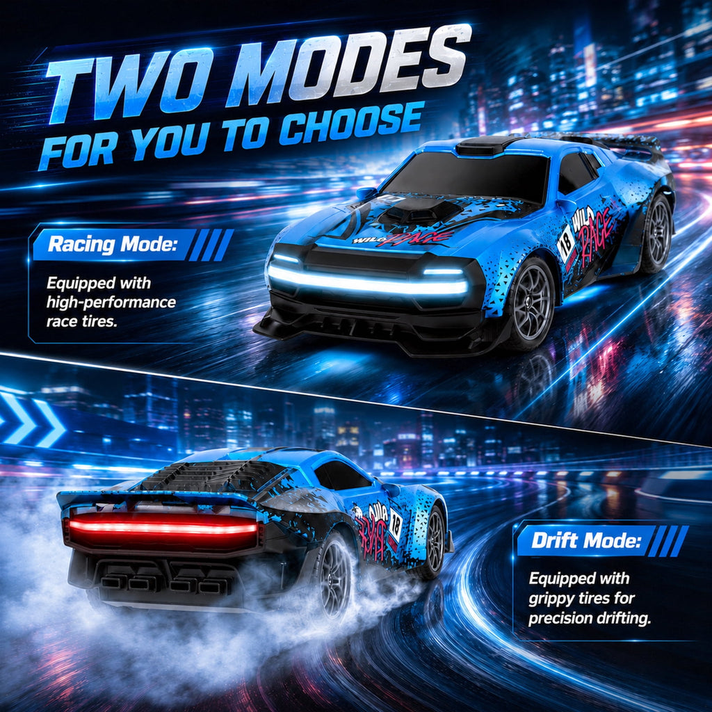 1:24 Scale RC Drift Car 4WD 2.4GHz 30KM/H High Speed Racing Sport Toy Car with LED Lights, Racing and Drift Wheels,Two Batteries