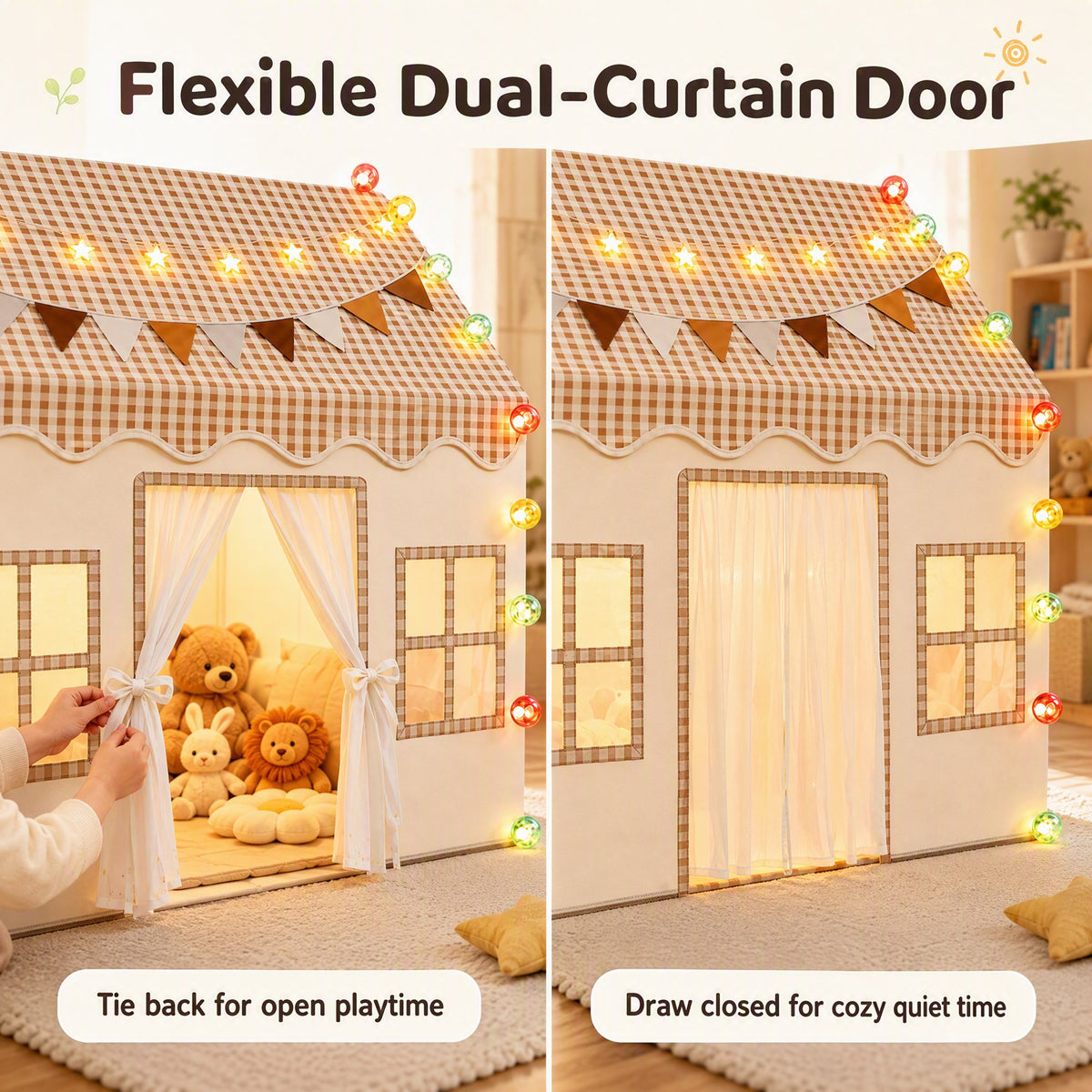 Kids Play Tent Indoor with Brown Checkered Roof - Cottage House Tent for Kids with Mat, Rainbow Bunting & Carry Bag, Indoor Playhouse for Girls Boys, Birthday Gift