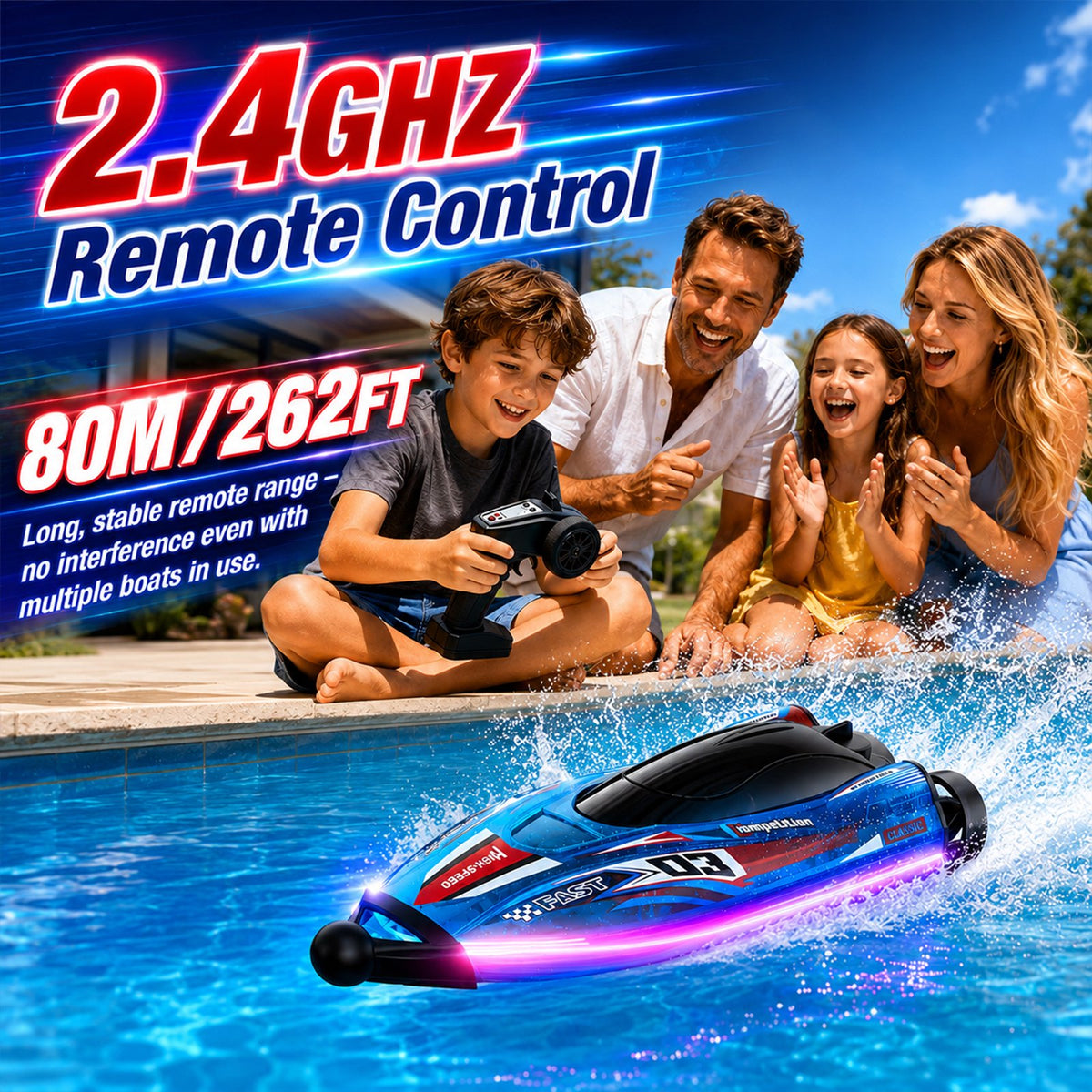 Doulami RC Boat for Kids, 2.4GHz Remote Control Boat, 15 MPH RC Speedboat with Dual Motors, 2 Batteries, LED Lights & Safety Guards, Pool & Lake Toys for Boys & Girls 6-12