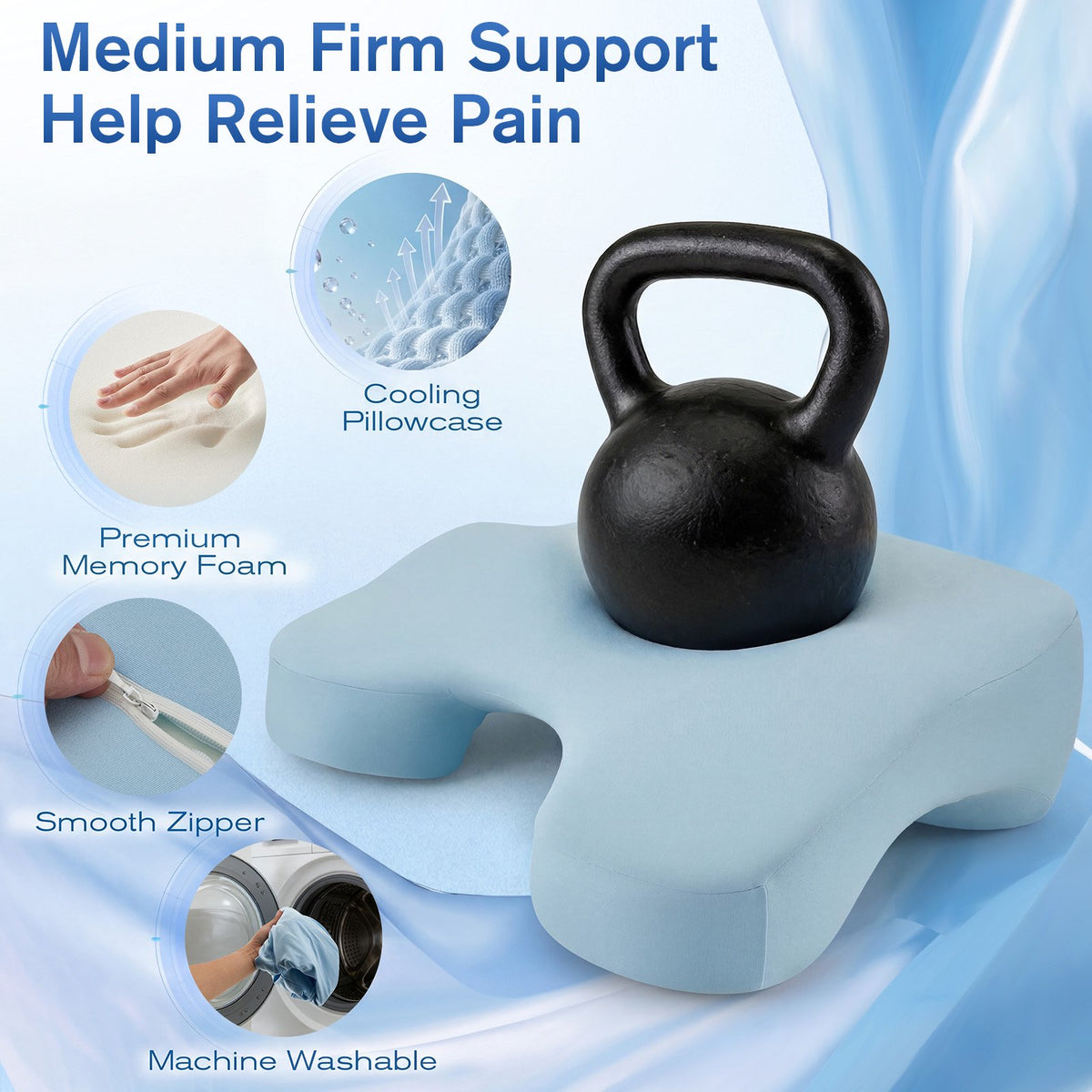 Side Sleeper Pillow with Blue, 2 in 1 Memory Foam Pillow for Adults, Relieves Rotator Cuff & Shoulder Pain, Comfort for Side, Back and Stomach Sleepers