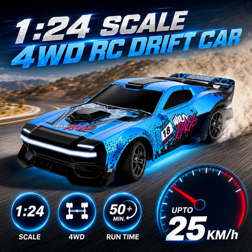 1:24 Scale RC Drift Car 4WD 2.4GHz 30KM/H High Speed Racing Sport Toy Car with LED Lights, Racing and Drift Wheels,Two Batteries