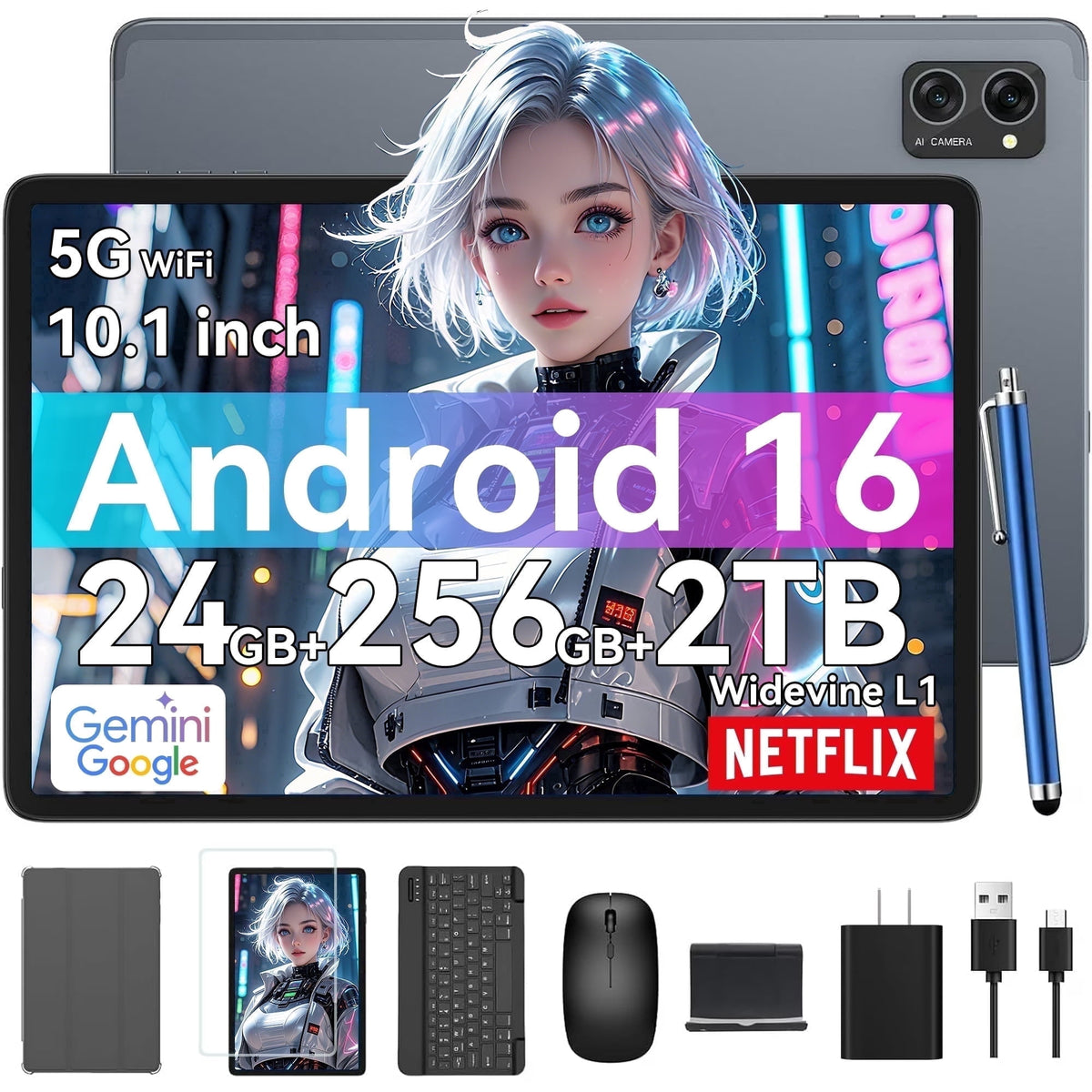 Tablet 2026 Latest Android 16 Tablets with 10.1 Inch Incell Display, 24GB RAM 256GB ROM /2TB TF, Gemini AI, T606 Octa-Core+8MP Camera, 5000mAh, Widevine L1, 2 in 1 Tablets with Keyboard Mouse Stylus