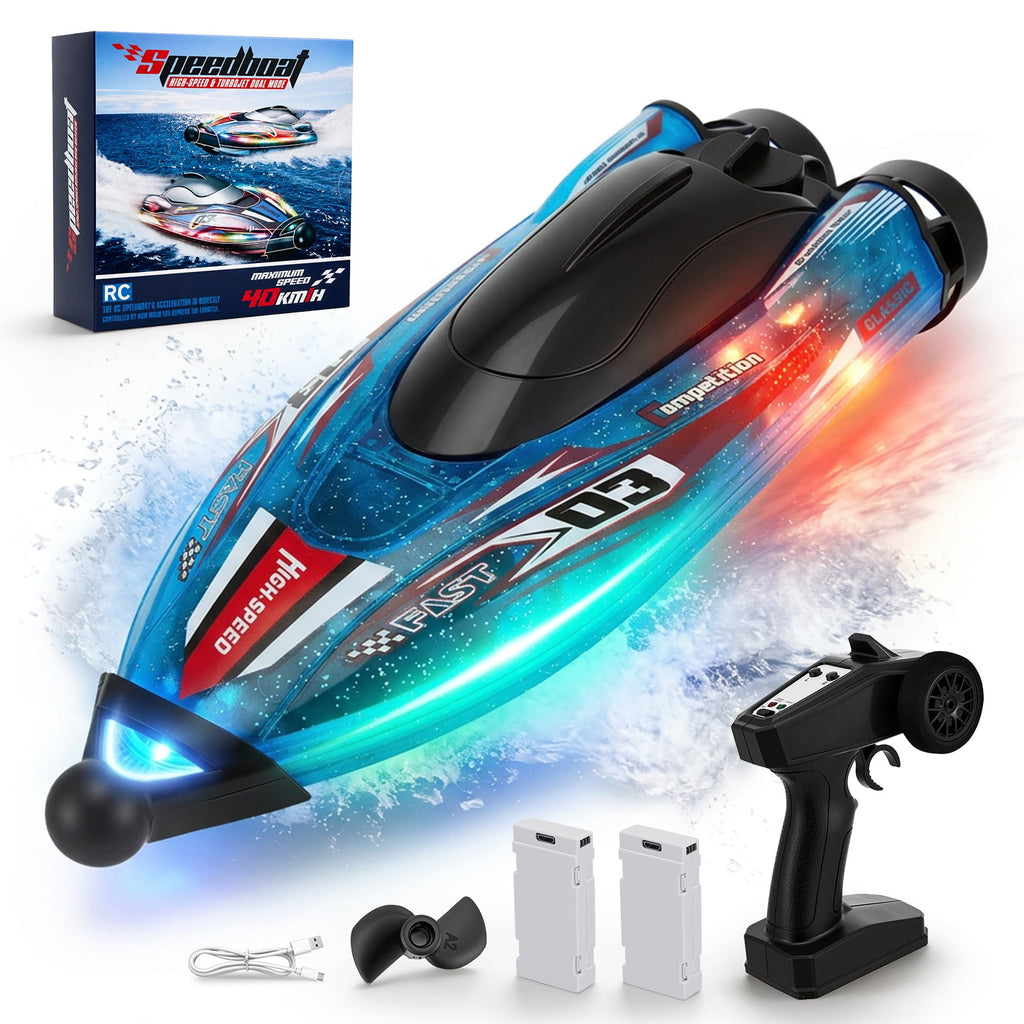 Doulami RC Boat for Kids, 2.4GHz Remote Control Boat, 15 MPH RC Speedboat with Dual Motors, 2 Batteries, LED Lights & Safety Guards, Pool & Lake Toys for Boys & Girls 6-12