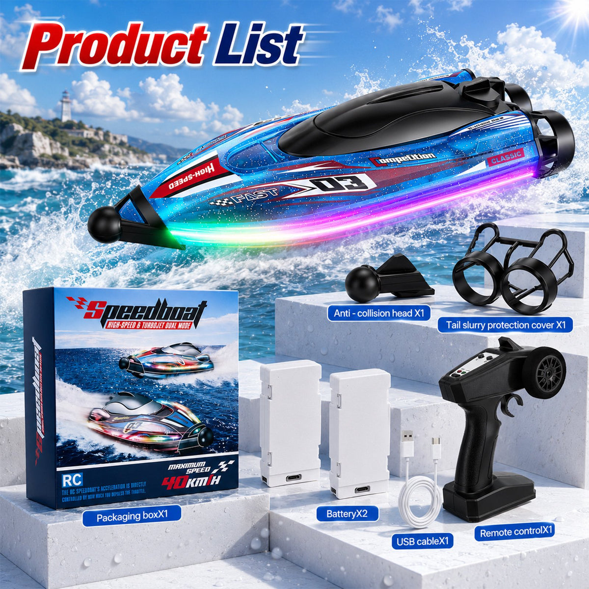 Doulami RC Boat for Kids, 2.4GHz Remote Control Boat, 15 MPH RC Speedboat with Dual Motors, 2 Batteries, LED Lights & Safety Guards, Pool & Lake Toys for Boys & Girls 6-12