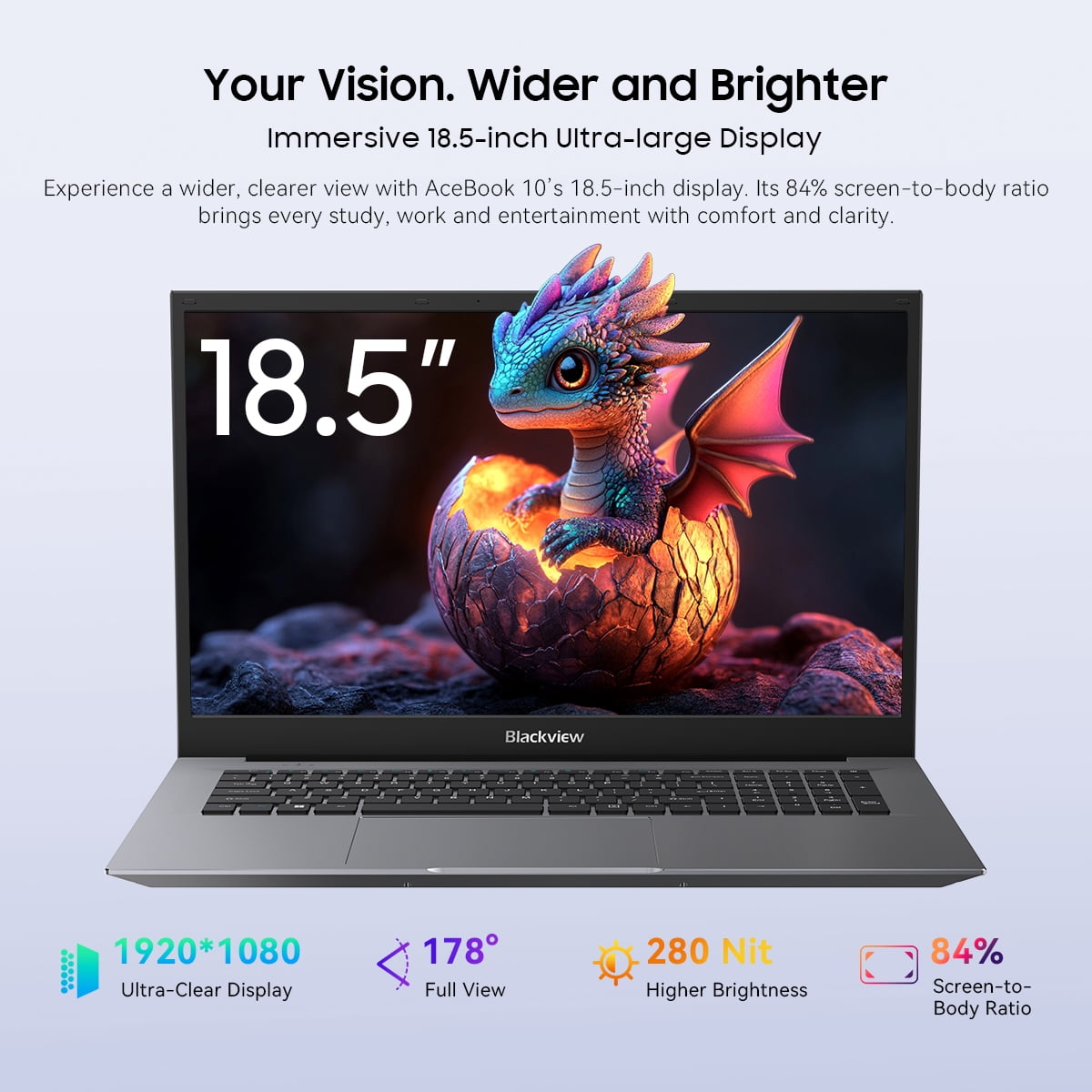 Blackview AceBook 10 18.5" Laptop, 16GB RAM 512GB SSD, Intel N6000 Quad-Core, FHD Screen, Windows 11 Pro, WiFi 6 Bluetooth 5.2, Type-C PD Charging, For Business Student Home Office