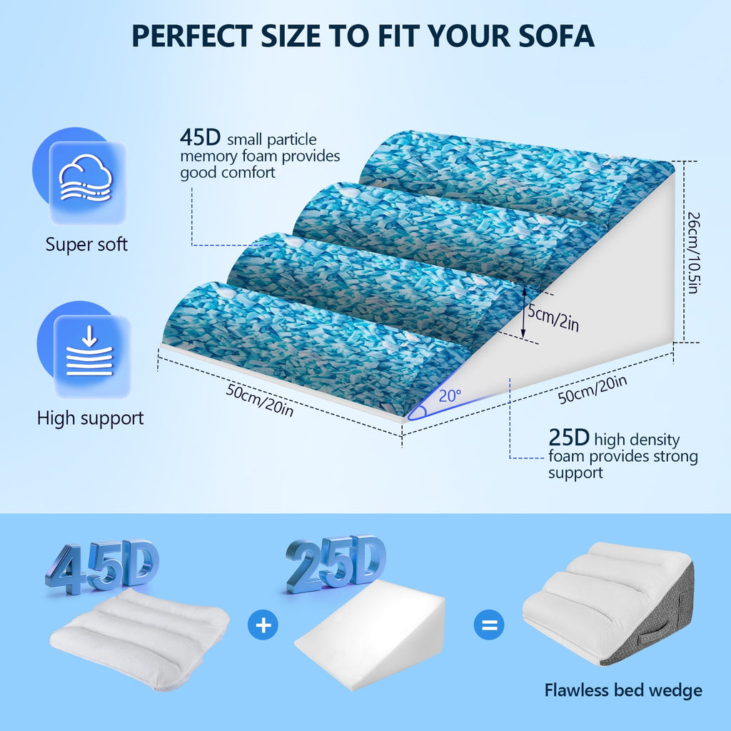 Doulami Bed Wedge Pillow Memory Foam Sleeping Support Pillow, Dual Layer bed wedge pillow for sleeping upright, Washable Cover